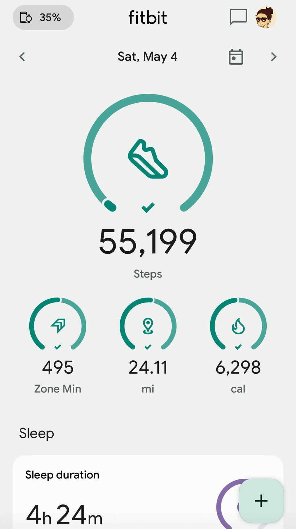 A screenshot of my FitBit report for May 4, 2023. 24.11 miles on 4 hours 24 minutes of sleep, and 55,199 steps.