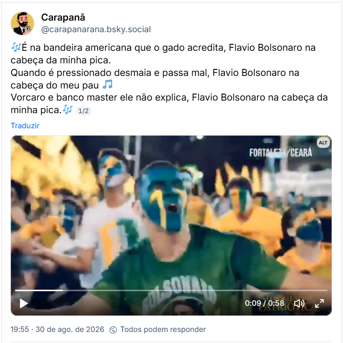 Post de Carapanã (@carapanarana.bsky.social):
🎶É na bandeira americana que o gado acredita, Flavio Bolsonaro na cabeça da minha pica.
Quando é pressionado desmaia e passa mal, Flavio Bolsonaro na cabeça do meu pau 🎵
Vorcaro e banco master ele não explica, Flavio Bolsonaro na cabeça da minha pica.🎶
1/2
(Video da dancinha do consciência patriótica dançando no fundo. Filmado na campanha de 2018.)