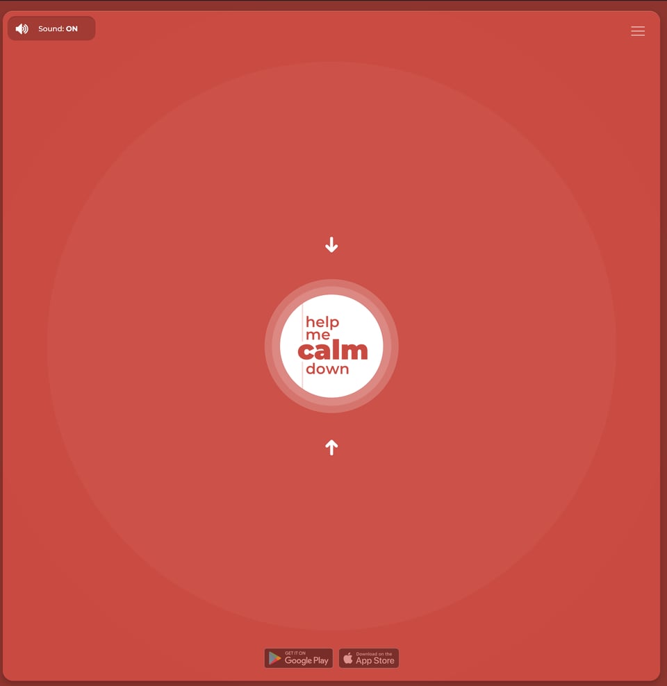 A screenshot of Help Me Calm Down, in red, with a large white button in the center that says "help me calm down" encouraging you to press it.