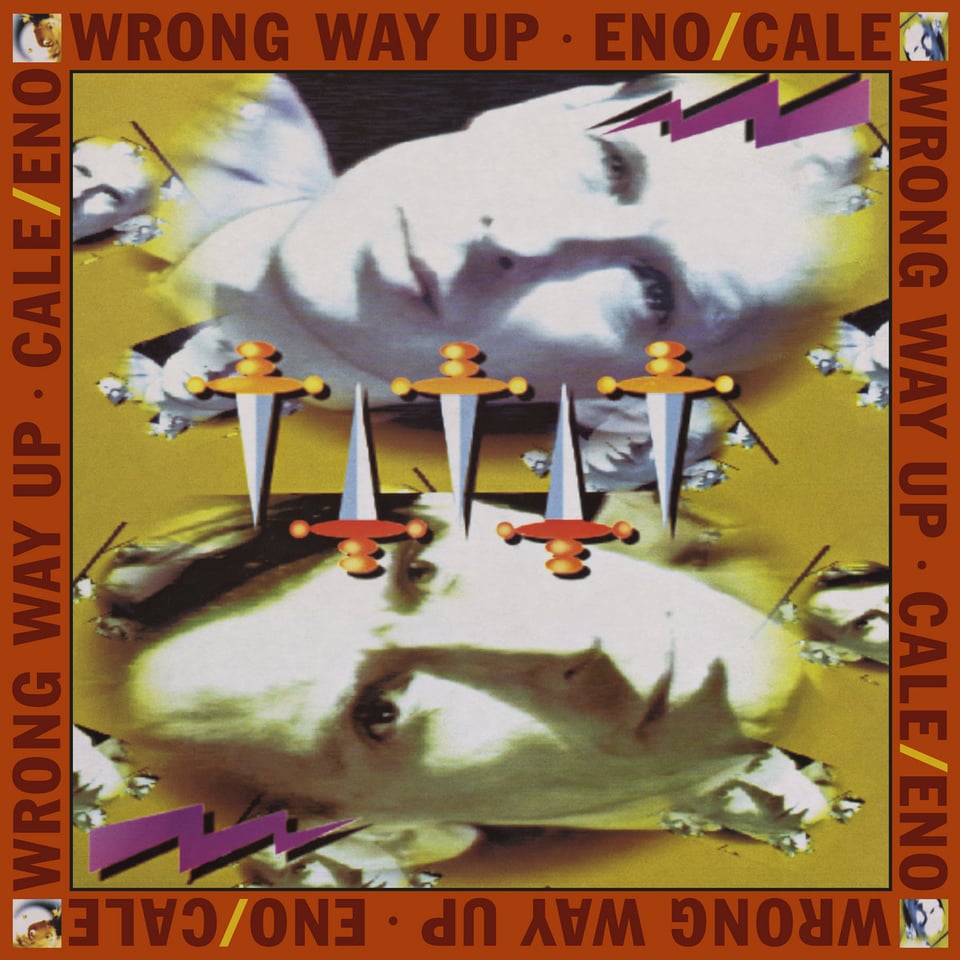 album cover for the Eno / Cale record Wrong Way Up - their faces turned sideways in rudimentary photoshop with swords going in and out of them like a playing card