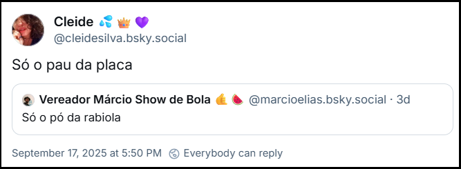 Post de Cleide 💦👑💜 (‪@cleidesilva.bsky.social‬) com o texto: Só o pau da placa. Ela cita o post de ‪Vereador Márcio Show de Bola 🤙🍉‬ (‪@marcioelias.bsky.social‬) com o texto: Só o pó da rabiola