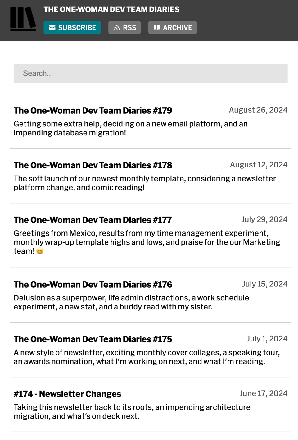 Screenshot of my new Buttondown archive page. The last six issues are shown, with their title and preheader text, and at the tops are buttons to subscribe, view the RSS feed, and view the archives.