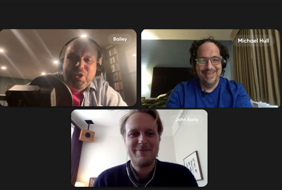Guest John Early with hosts Jason Bailey and Mike Hull.