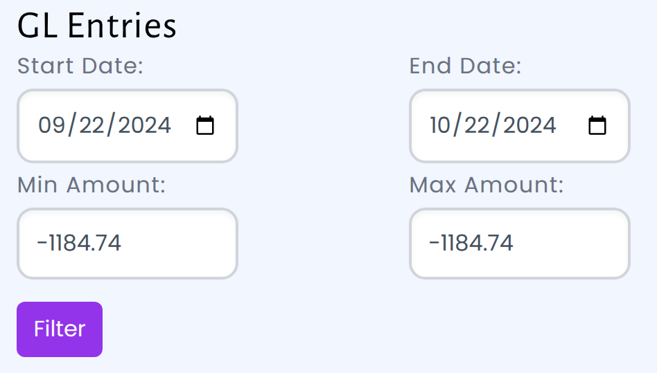 Bank Rec search screen example, here filtered to search for a specific amount