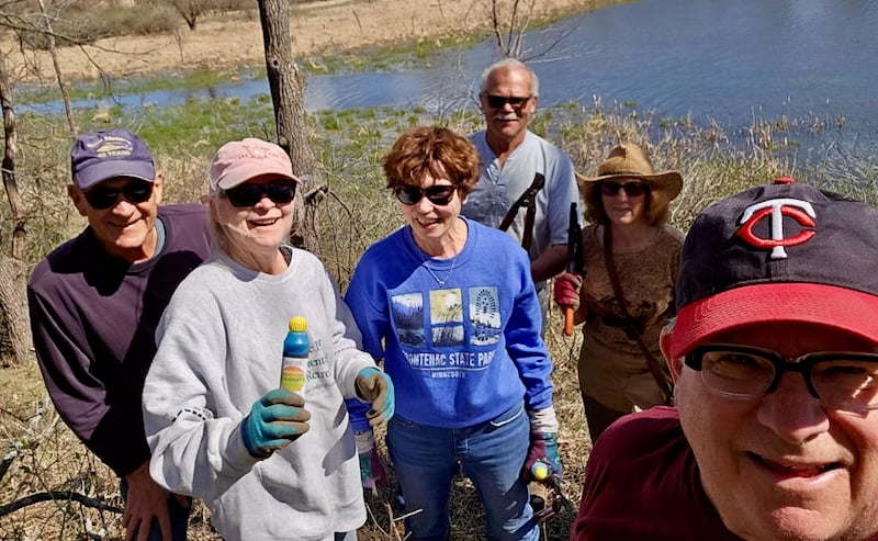 From left: FSPA members Wayne Wandmacher, Susan Wandmacher, Jeneann Oppedahl, Wally Siewert, Barb Partington and Steve Dietz pulled out buckthorn around the pond wildlife blind. We thank them! / Photo by Steve Dietz
