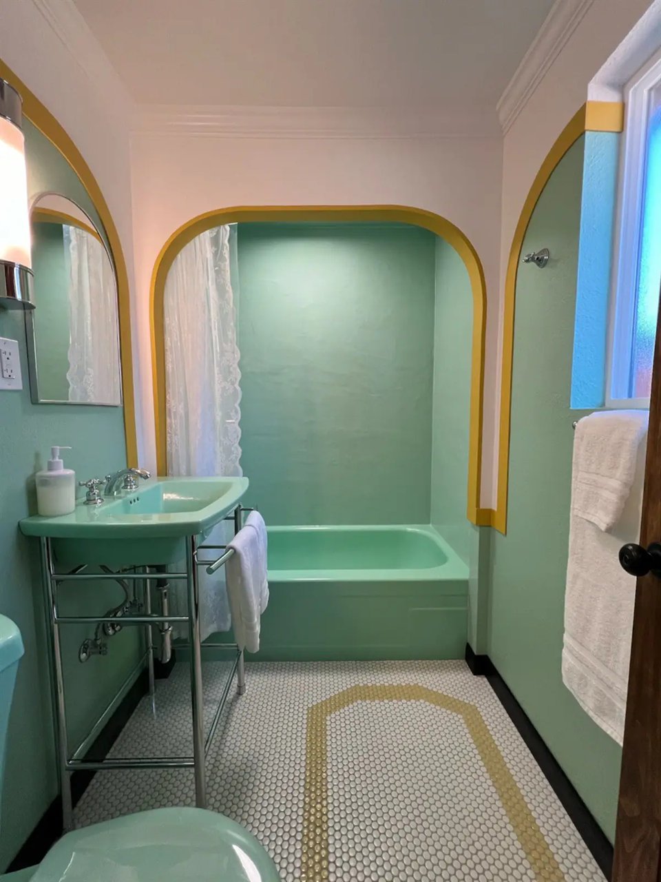 An old bathroom that's been made over to look like the bathroom in The Shining