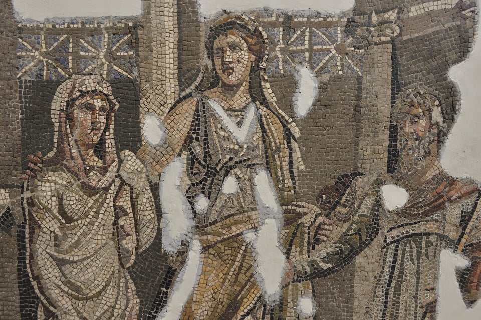 A mosaic of Iphigenia, Clytemnestra and Agamemnon