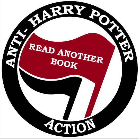 Antifascist action logo, bit it reads Anti Harry Potter Action. The read flag has text: Read another book