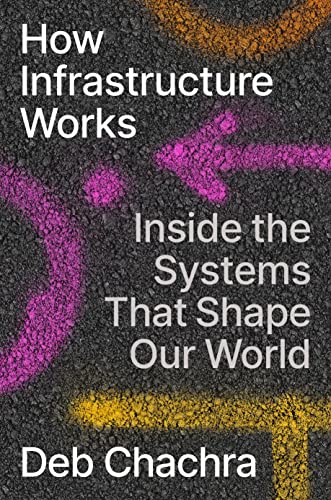 The cover of the book HOW INFRASTRUCTURE WORKS by Deb Cachra, done in the style of paint markings on asphalt