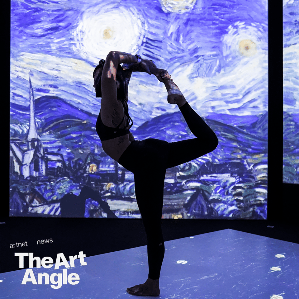 an athletic person does a yoga pose in an immersive projection installation of a painting by Vincent van Gogh