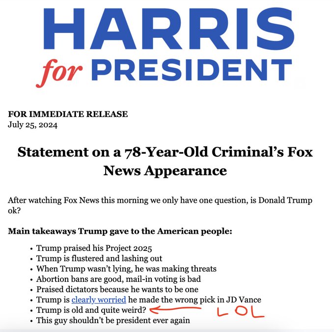 Screen capture of amusing July 25 Harris campaign email that includes a bullet list with the item "Trump is old and quite weird?"