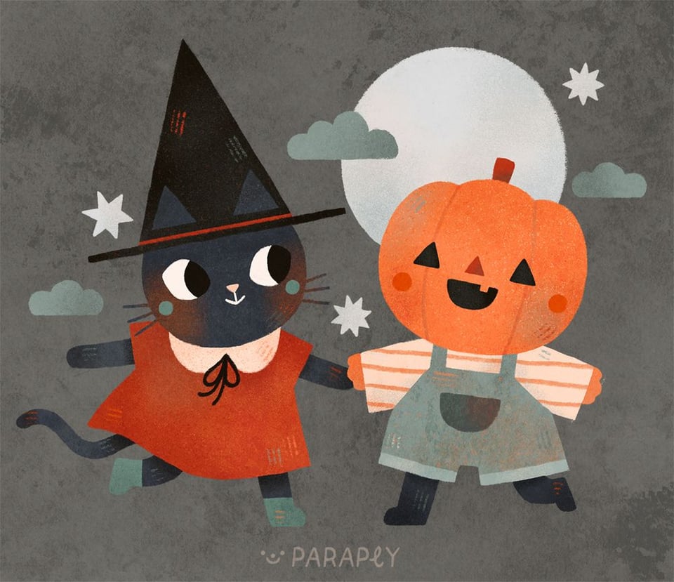A cute illustration of a witch cat and a pumpkin kid holding hands and frolicking