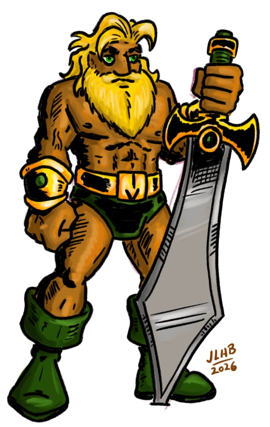 Another illustration by Josh Burnett--that will be a theme--this time of a ridiculously large man holding a ridiculously large sword. The man is shirtless, tanned, has a full blond beard, and is dressed like a cartoon barbarian.