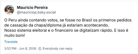 Post de Mauricio Pereira (‪@mauriciop.bsky.social‬):

O Peru ainda contando votos, se fosse no Brasil os primeiros pedidos de cassação da chapa/diploma já estariam acontecendo.
Nosso sistema eleitoral e o financeiro se digitalizam rápido. E isso é muito bom!