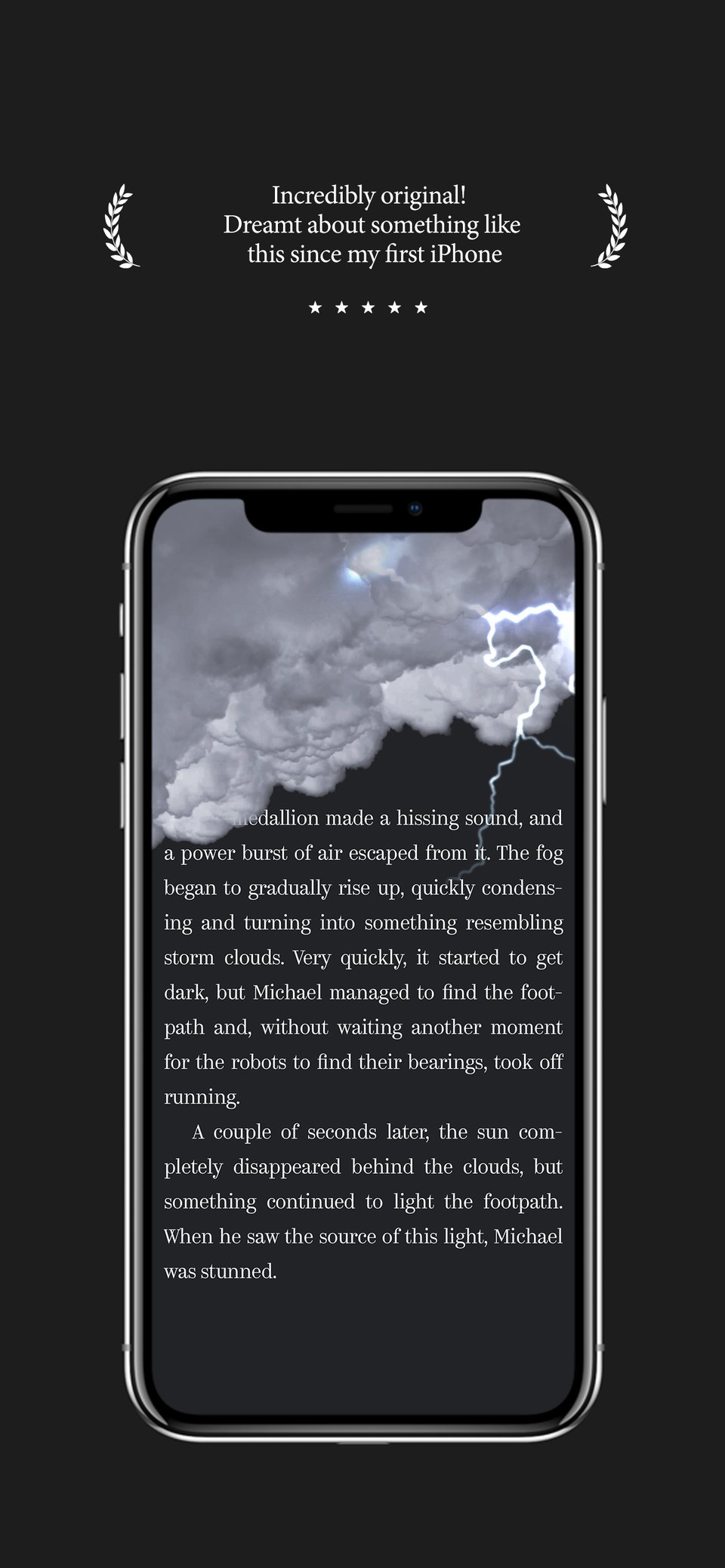 A screenshot from Maginary with a review from a player above it. The screen of the game shows a storm cloud erupting over two paragraphs of text from the narrative of the game. The review praises the game as "Incredibly Original! Dreamt about something like this since my first iPhone."