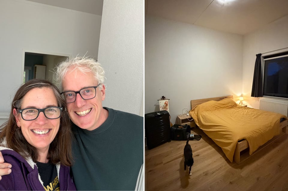 Two photos side by side. Left hand photo shows two middle-aged people smiling at the camera. A woman and a man are both wearing glasses. The right hand photo shows a bare room with a tuxedo cat checking it out.