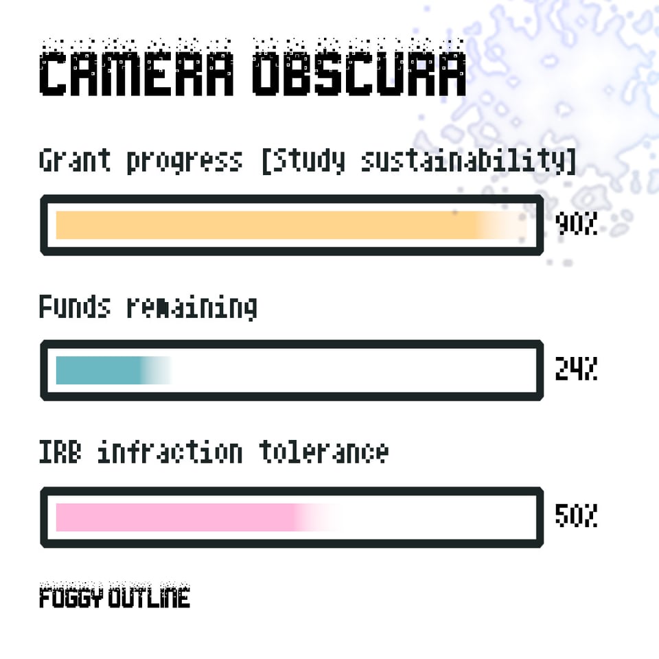 Camera Obscura from Foggy Outline. Grant progress (study sustainability) 90 percent. Funds remaining 24 percent. IRB infraction tolerance 50 percent.