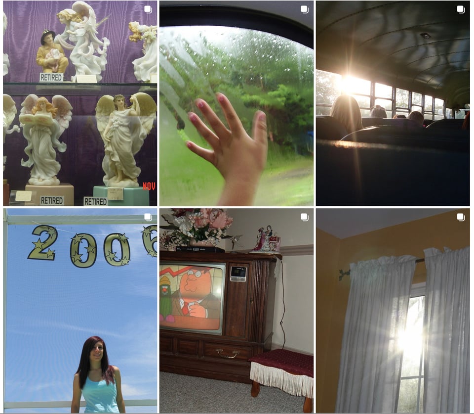 A 3 x 2 grid of photos from flicker. From the top left and going clockwise: a photo of several ceramic angels; a photo of a hand touching the window of a car that is covered in fog, and wiping a trail through it; a photo from inside a bus looking forward, with the backs of the heads of other passengers in front of you, with the inside of the bus dark and gloomy while a bright sun shines from outside; a woman in a blue dress standing beneath a party decoration of the year 2006, on a sunny day with blue sky behind her; a photo of an old wood panel television showing an episode of Family Guy, with a bouquet of flowers sitting on top; a photo from inside a room pointed towards the window, where sun is shining from the outside through white diaphanous curtains.