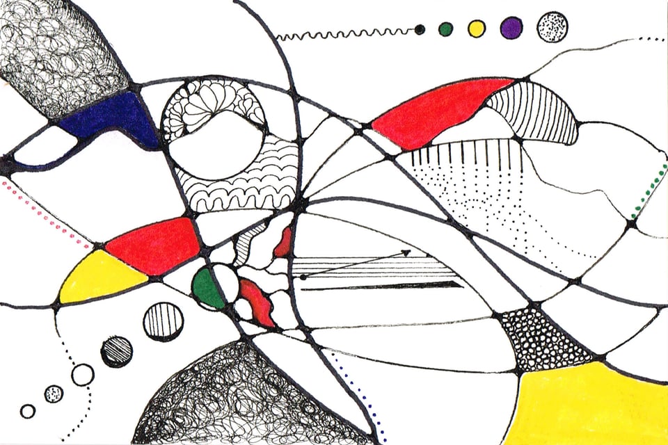 An abstract image of lines and dots in black, red, yellow, and blue.