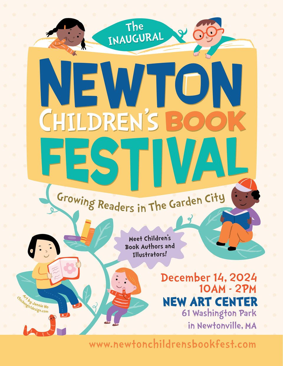 Flyer for Newton Children's Book Festival featuring cartoon children sitting on large leaves