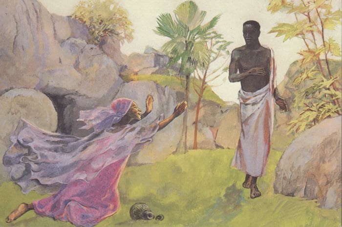 a standing black man right of center wearing a pinkish white robe looking at a kneeling black woman left of center, he is holding our her hands toward him, fabrik from her pink and purple dress and head wrap trailing behind her. An overturned jar is on the ground and the opening of a small cave is visible in the cliff.
