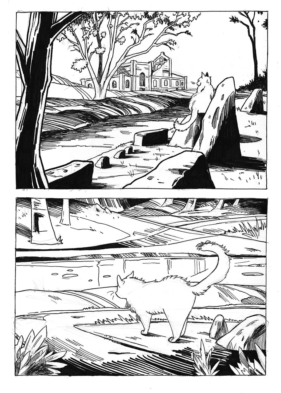 Two ink sketches of a cat, one where it's perched on a rock with an abandoned monastery in the background, and another where it's approaching a small creek/stream of water.