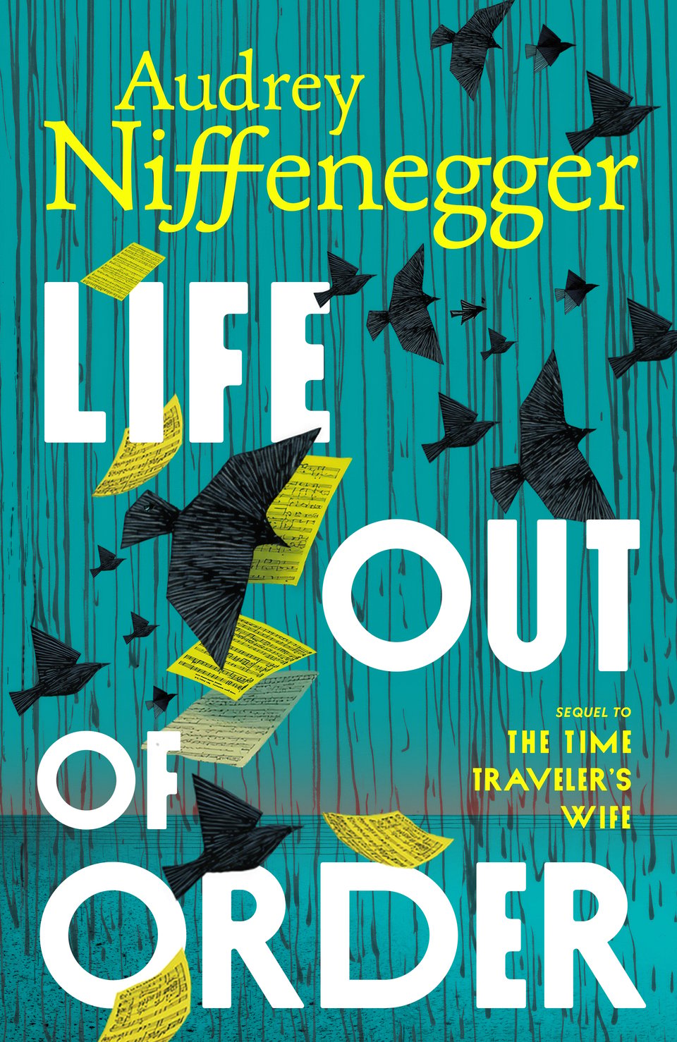 The cove r of Life Out of Order. Paper craft looking black birds fluttering in front of a blue background with dark streaks descending vertically. There is sheet music flying around on yellow pieces of paper