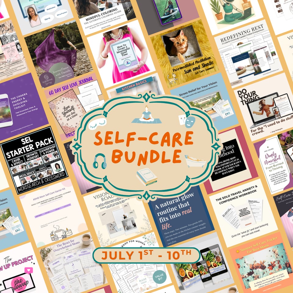 Piccy listing all the Goodness to be found in the Self-Care Bundle - including our Purrmeditated Meditation 'Sun and Shade'!!