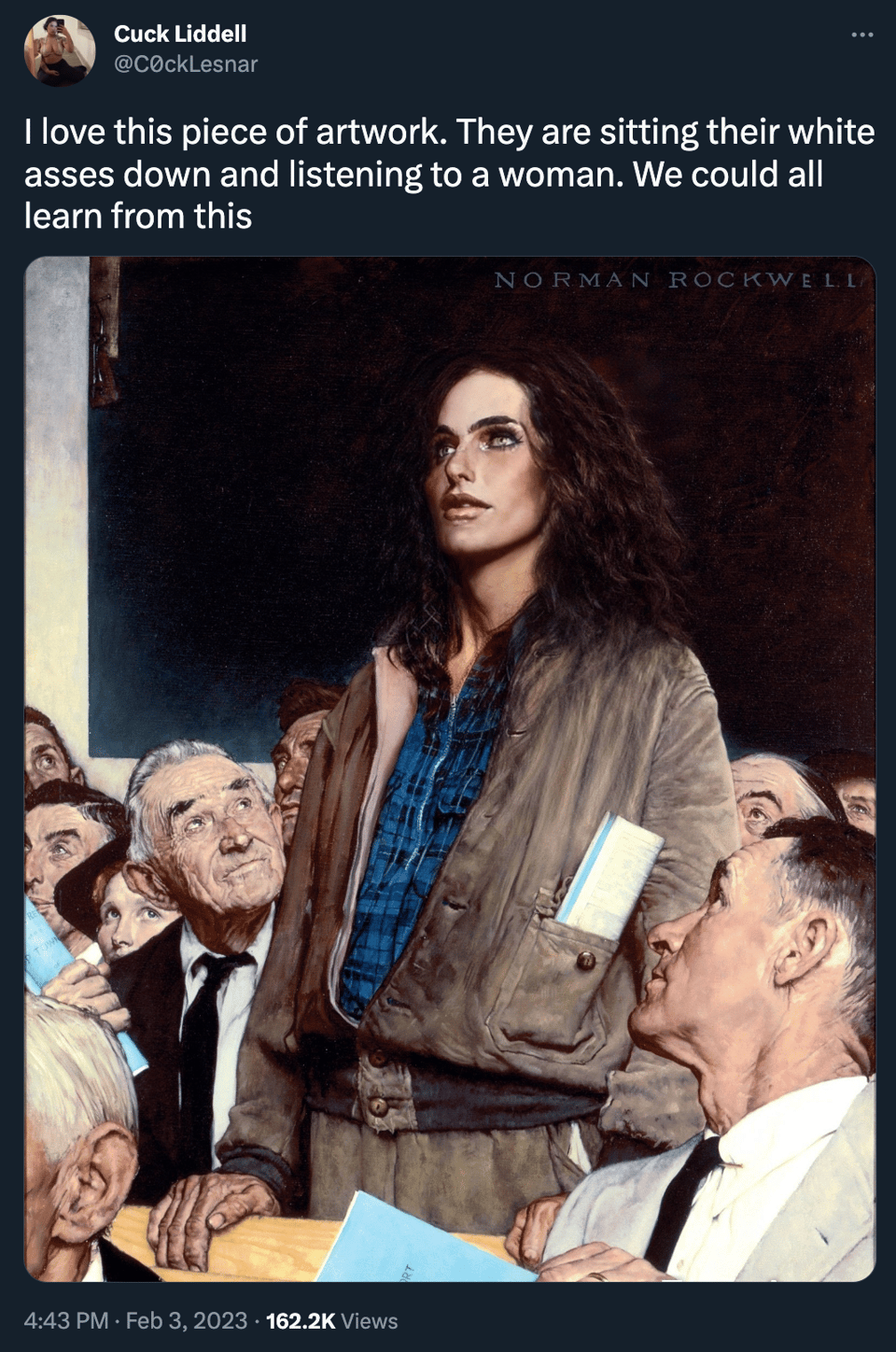 An altered version of the Norman Rockwell painting "Freedom of Speech" in which the central figure has been changed from a ruggedly handsome man who resembles Abe Lincoln into a young woman who looks like the model Paulina Porizkova ca. 1985