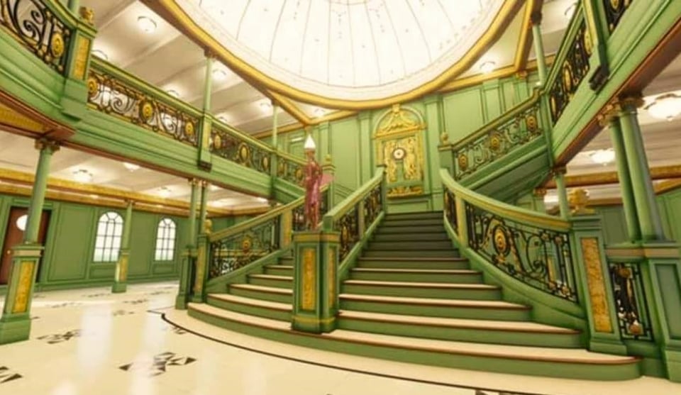 The grand staircase aboard the RMS Olympic, once the largest ship to sail the seas, as depicted in the 1930s. Harry and Stanley bond there over their dead-too-young mothers, dictatorial fathers, and their love for the same woman.