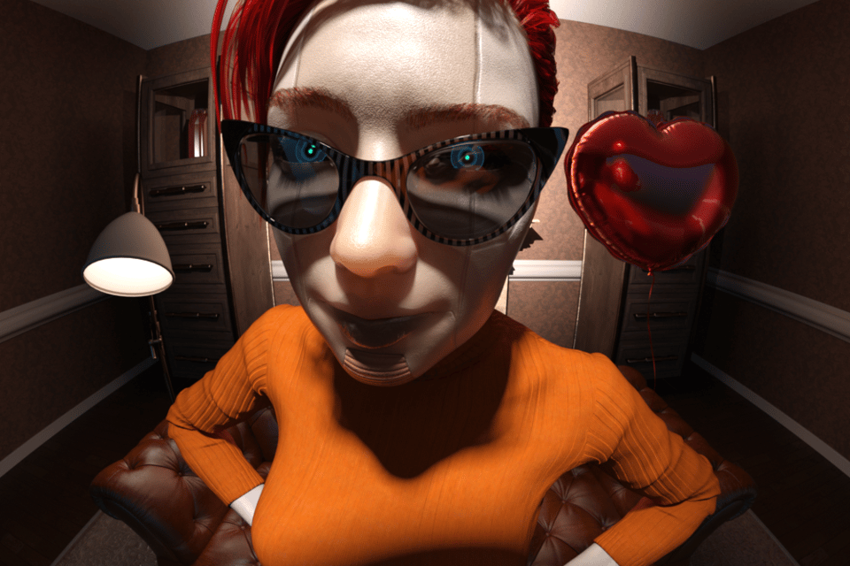 Portrait through a fisheye lens of a cyborg woman with glowing red hair and glowing green eyes, wearing an orange sweater, and dark sunglasses. She is inside a room with a lamp on her left and a red mylar heart balloon on her right. The image is distorted very strongly with the fisheye.