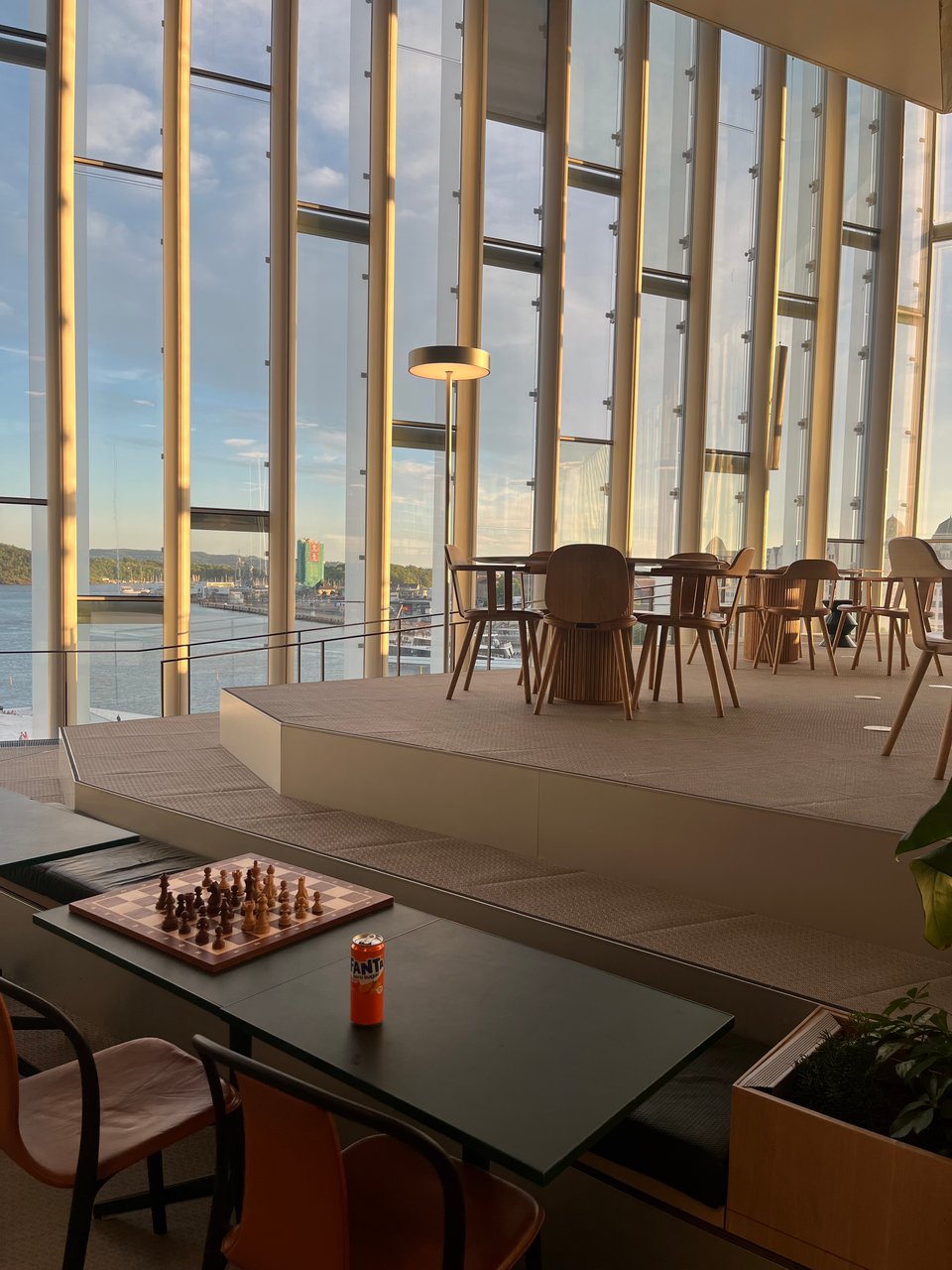 Oslo library, wall of windows overlooking harbor