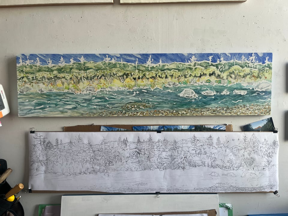 A watercolor of a horizontal landscape with a green river, colorful rocks and all types of trees in the background. Below this is a black and white sketch of the same scene.
