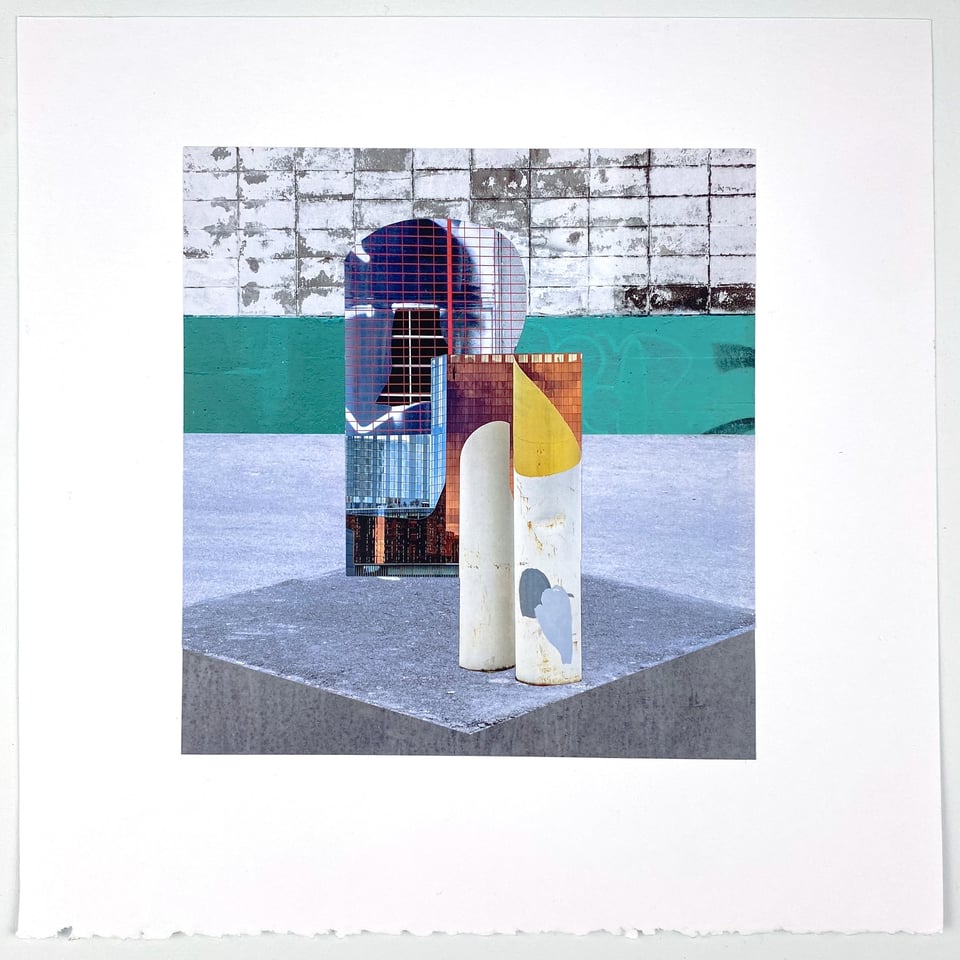 Umwelt Collider 08, a hand-cut photo collage on white paper with a deckled bottom edge. A concrete plinth sits on grey pavement in front of a wall of white-painted cinder blocks above a teal band. On the plinth stand two weathered white bollards, one with yellow and grey patches. Behind them, fragments of reflective blue glass and copper-tiled building facades, crossed by a red grid, rise in a rounded arch shape.