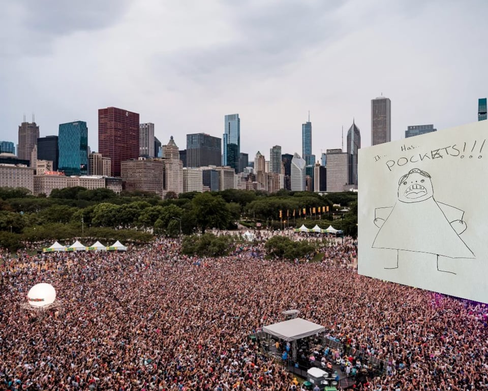 A large crowd at a concert; a hand-drawn monster yelling "It … Has … Pockets!!!" is on stage