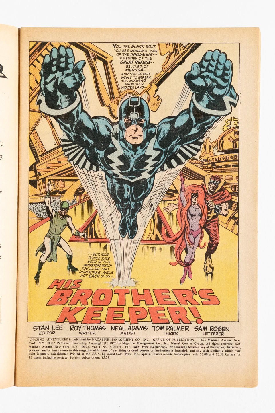 A page from Amazing Adventures drawn by Neal Adams of Black Bolt leaping at the reader