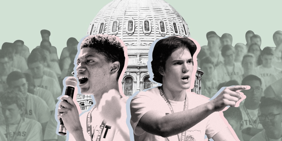 Two boys argue about politics.