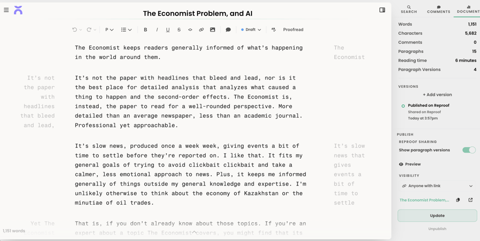 Reproof publishing sidebar screenshot