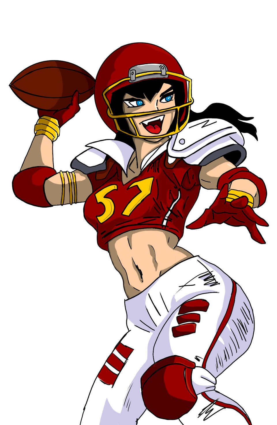 Vampirella in American football pads about to throw the ball.
