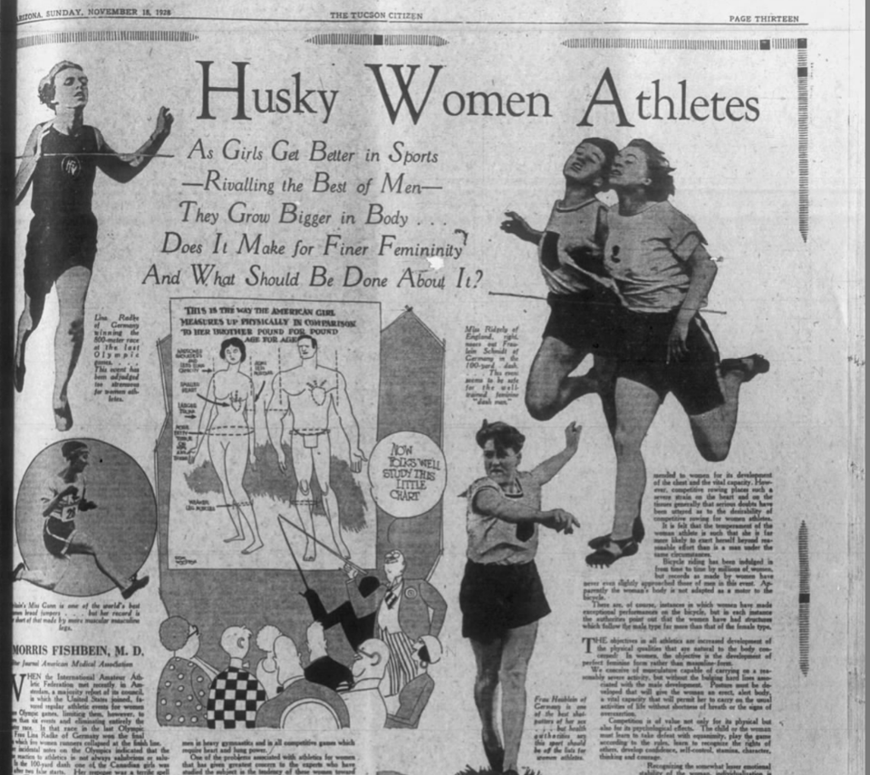 A page of a newspaper featuring a handful of photos of women athletes with the headline "HUSKY WOMEN ATHLETES: As girls get better in sports — rivaling the best of men — they grow bigger in body... does it make for finer femininity and what should be done about it? There is also a cartoon showing a male and female with the alleged changes that sports make to their bodies