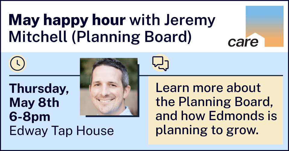 a flyer for the may happy hour with Jeremy Mitchell, planning board