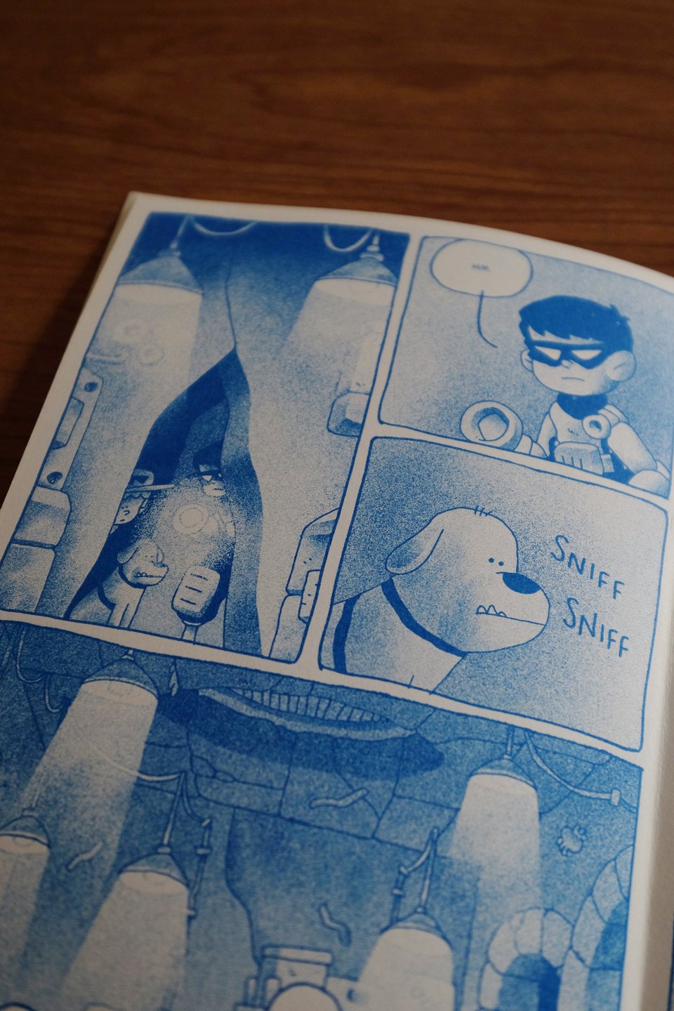 picture of the comic "young shadow: tunnel vision"  some comic panels depicting a masked kid, his dog, and their friend exploring an underground lair