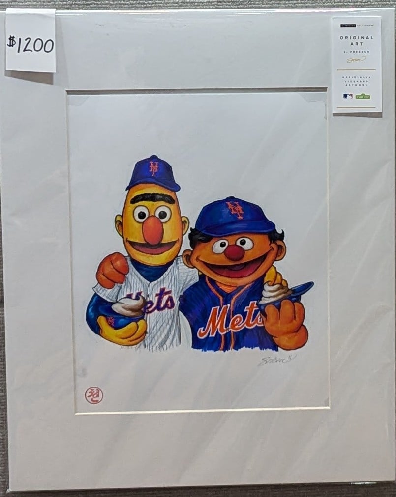 Sesame Street's Bert and Ernie in New York Mets jerseys.