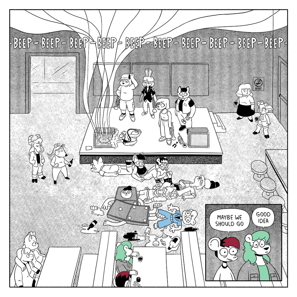 p6: As the smoke alarm goes off, Jeanie lays on the ground with the rest of the shocked crowd. The snake from the band sprays the amp with a fire extinguisher while the rest of the band looks on. Other onlookers, including Summer and Autumn, stare at the mess. p7: Summer and Autumn, stunned, look at the fallen crowd. Autumn: Maybe we should go. Summer: Good idea