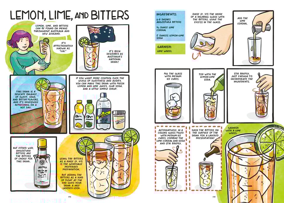 A spread from Let's Make Cocktails with the recipe for LLB, a refreshing nonalcoholic cocktail