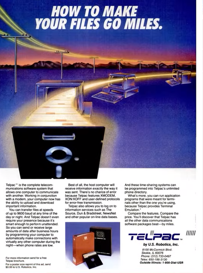 An 8-inch floppy disk flying through several computer screens, the headline reads "How to make your files go miles"