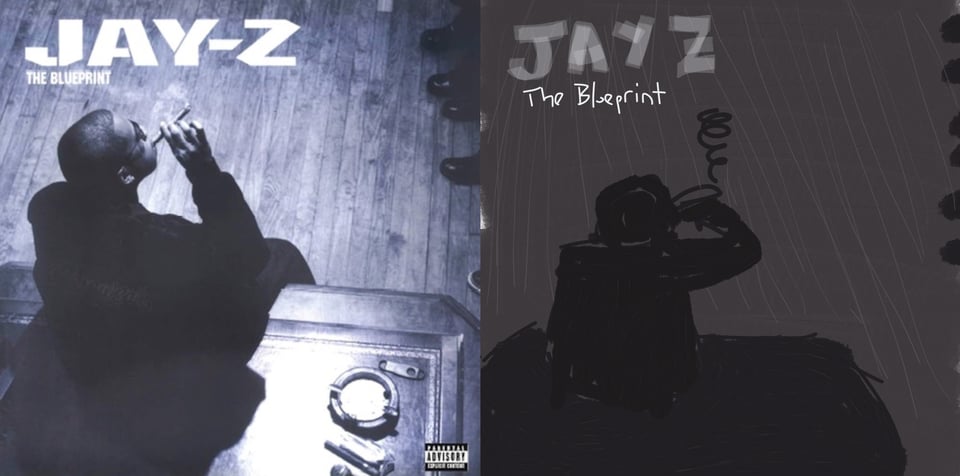 An overhead black and white photograph, tinted blue, of Jay-Z, a Black man, sitting on the edge of a table, facing away from the camera. He wears a suit and smokes a cigar. At the top left, we can see the feet of underlings he is presumably addressing. It has the vibes of Rober DeNiro as Al Capone in THE UNTOUCHABLES.