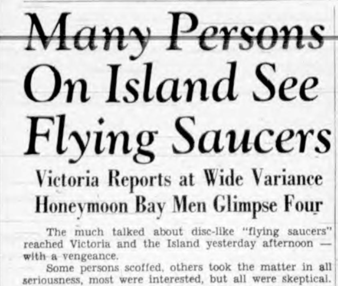 Newspaper clipping. Headline reads: "Many persons on Island see Flying Saucers. Victoria Reports at Wide Variance. Honeymoon Bay Men Glimpse Four."