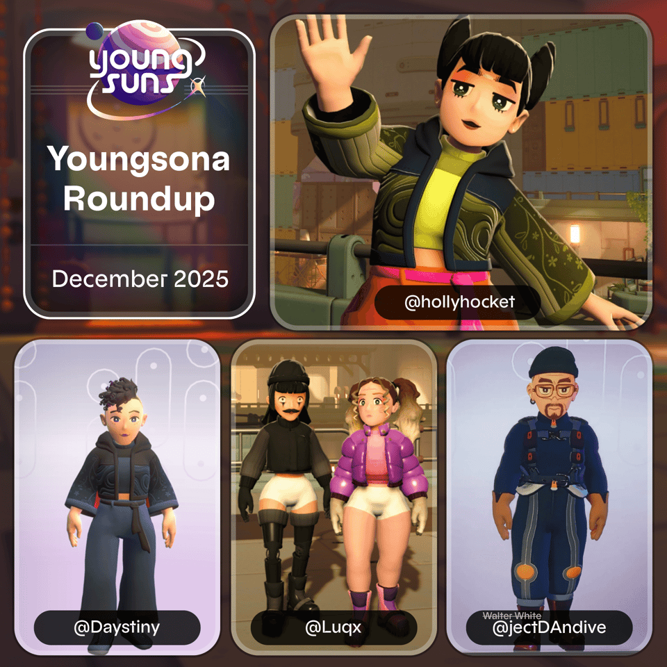 An image with 5 squares. The first reads Youngsona Roundup December 2025. The next 4 squares are different characters made in Young Suns with the username of the person who posted the image in our discord