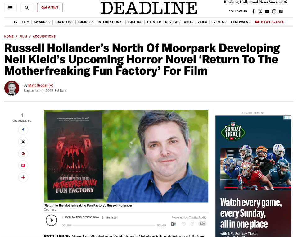a headline from Deadline.com that says "Russell Hollander’s North Of Moorpark Developing Neil Kleid’s Upcoming Horror Novel ‘Return To The Motherfreaking Fun Factory’ For Film" with an image of Russell Hollander, and a shot of the book cover for Return To The Motherfreaking Fun Factory by Neil Kleid